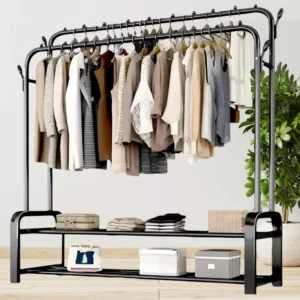 Двойная вешалка для одежды (162х96х44см) с 2 полками для обуви / Стойка для одежды и обуви в прихожую / Напольная стойка-вешалка