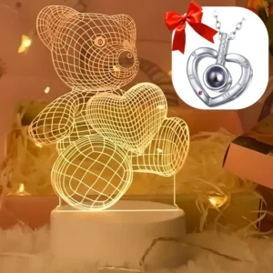 Акриловый 3D ночник Мишка "Люблю тебя" + Подарок Кулон "I Love you" / Светодиодная лампа-ночник / Настольный светильник в детскую