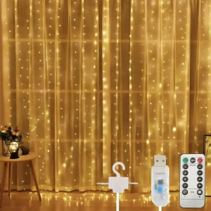 Светодиодная гирлянда Штора от USB (3х2м) 200LED, с пультом, Теплый белый / Новогодняя гирлянда на окно / Лед гирлянда на штору