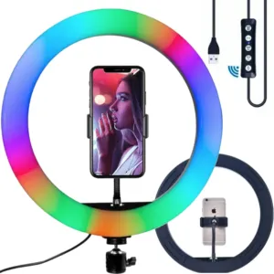 Кольцевая RGB лампа 30 см RD-12, питание от USB / Двухсторонняя цветная лампа LED с держателем для телефона