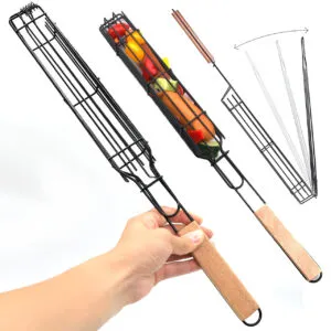 Сетка гриль для овощей 49см с деревянной ручкой / Решетка для гриля-барбекю / Портативная корзина для барбекю