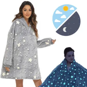 Толстовка плед с капюшоном светится ночью, Stars Dream Звезды, Серый / Теплый флисовый худи с звездами
