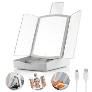 Настольное тройное зеркало с LED подсветкой и отсеком для косметики MA-17 / Складное зеркало для макияжа