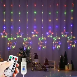 Гирлянда Штора от USB, 3м, с пультом, звезды и олени, Разноцветный / Новогодняя LED гирлянда на штору