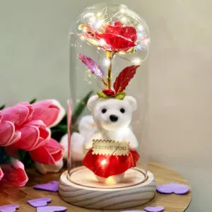 Роза в колбе с мишкой и подсветкой 21см, на батарейках A-7 / Ночник вечная роза под куполом / Подарочная роза