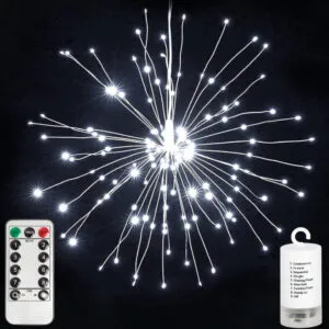 Подвесная гирлянда Фейерверк от батареек, 50 нитей, 100LED + пульт, Холодный белый / Новогодняя LED гирлянда