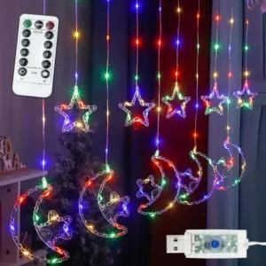 Гирлянда Штора Звезды и Луна от USB, 3х1м, 10 фигур, RGB / Новогодняя гирлянда бахрома / Гирлянда на окно