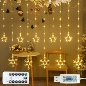 Гирлянда Штора Звезды и Снежинки от USB, 3х0,9м, 10 фигур, Теплый белый / Новогодняя гирлянда на окно