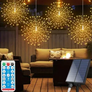 Гирлянда штора Фейерверк на солнечной батарее + пульт, 4 пучка, Теплый белый / Новогодняя гирлянда