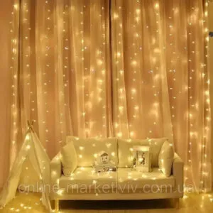 Гирлянда Штора, от сети, 3х2м, 100 LED, Теплый белый / Новогодняя светодиодная Гирлянда водопад