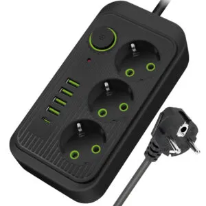 Сетевой фильтр 2500Вт, 2м, (3×220В+4×USB+1×Type-C) F09U, Черный / Удлинитель с USB / Переноска розетка с USB
