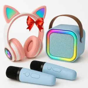 Детское караоке, 2 микрофона, К12 + Подарок Наушники с ушками VZV-23M / Колонка с микрофоном / Мини-караоке