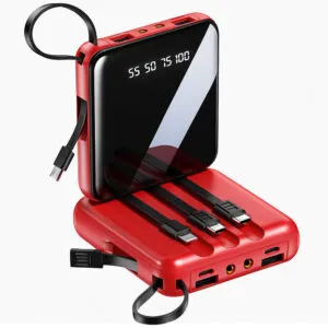 Мини повербанк 10000mAh + 4 кабеля, 2хUSB, JM001, Красный / Power Bank с фонариком / Павербанк для телефона