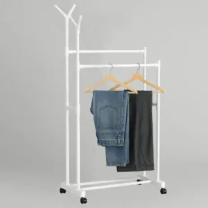 Двойная вешалка для одежды c полкой 154х80х42см, 9111B, Белая / Напольная вешалка на колесах / Стойка для