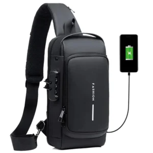 Мужская сумка через плечо 32х16см, с USB-разъемом и кодовым замком, Черный / Водонепроницаемая сумка слинг