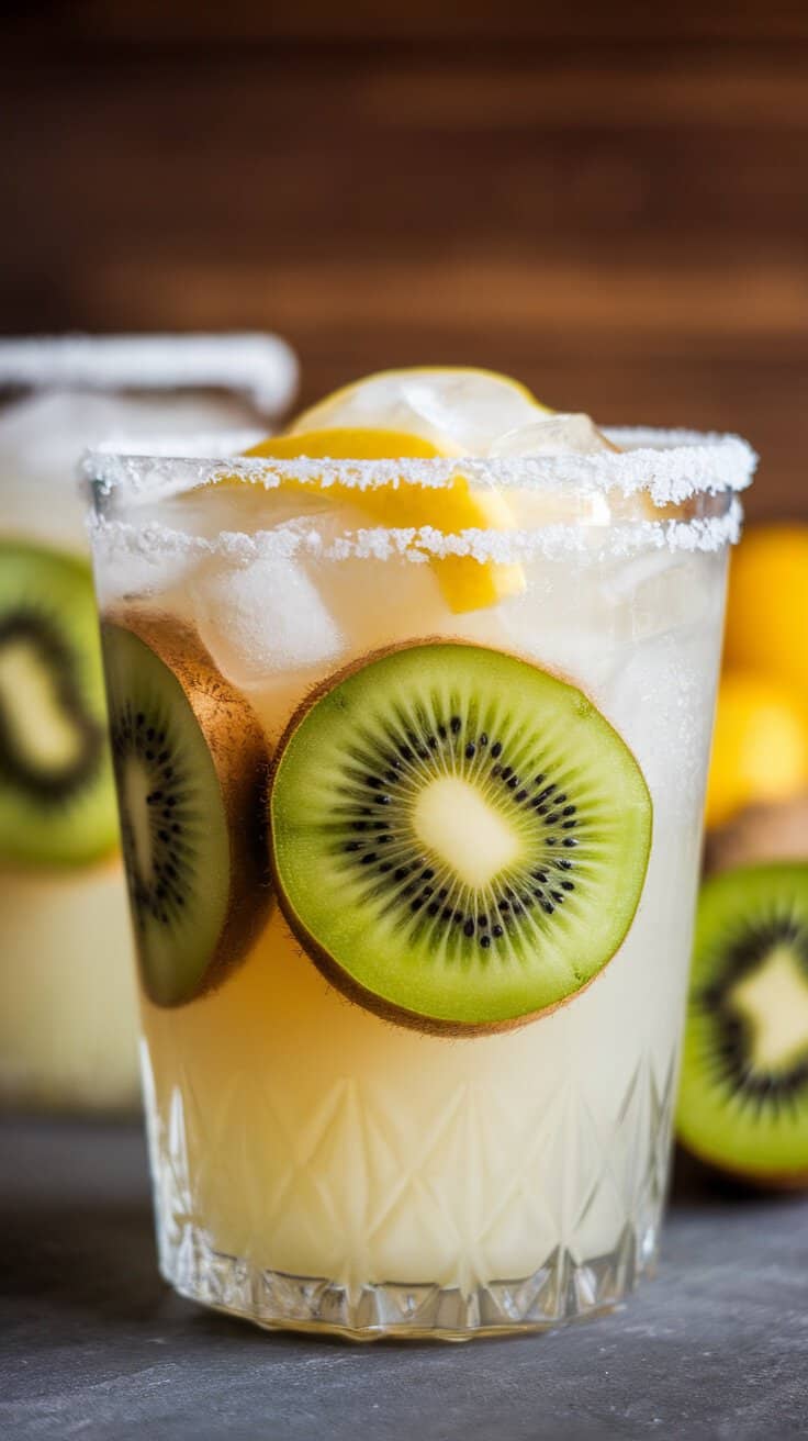 A vibrant kiwi lemonade slushie with ice and kiwi slices in a glass, perfect for St. Patrick's Day.