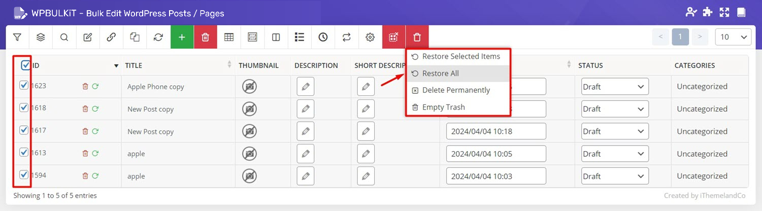Restore trashed posts WordPress post bulk edit plugin