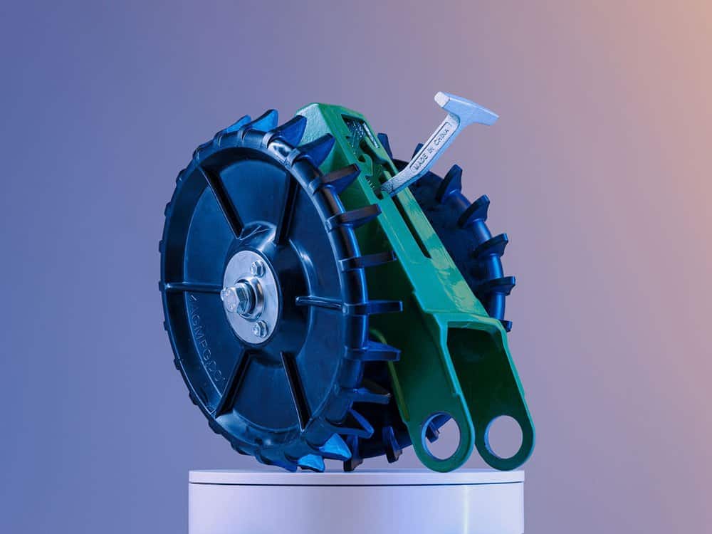 Full rear view of 4Ag closing wheel showing bracket and tool slot from behind