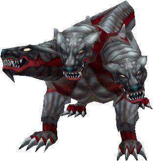 A fearsome Cerberus, a three-headed dog, stands menacingly. Its grey fur is accented with red markings, and each head bares sharp teeth. A classic fantasy creature, this Cerberus is a gaming monster.