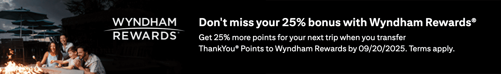 Citi to Wyndham 25% Bonus Transfer (Through September 20, 2025) 1 25% bonus when transferring Citi ThankYou Points to Wyndham Rewards