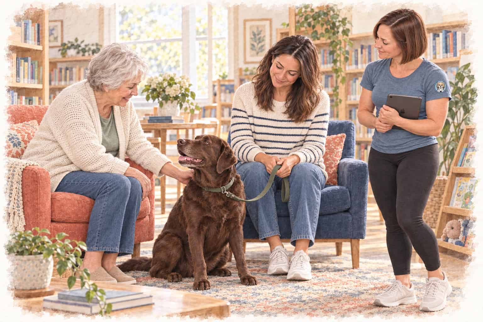 Watercolor illustration of Ashley with an iPad supporting a handler and relaxed dog during a gentle library visit with an older adult.