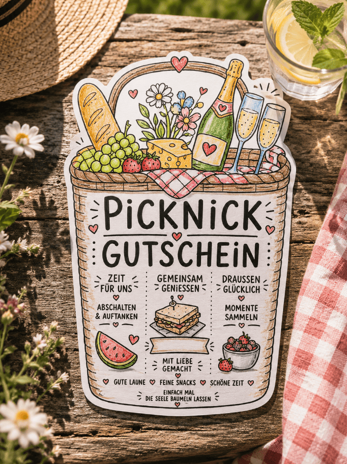 Das Sekt-Picknick kann kommen! Ausgeschnitten und angemalt - der Gutschein ist so schön!