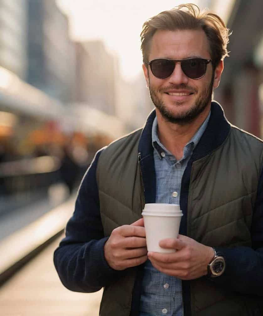 A smiling man wearing sunglasses, a jacket, and a vest holds a coffee cup on a busy city street.