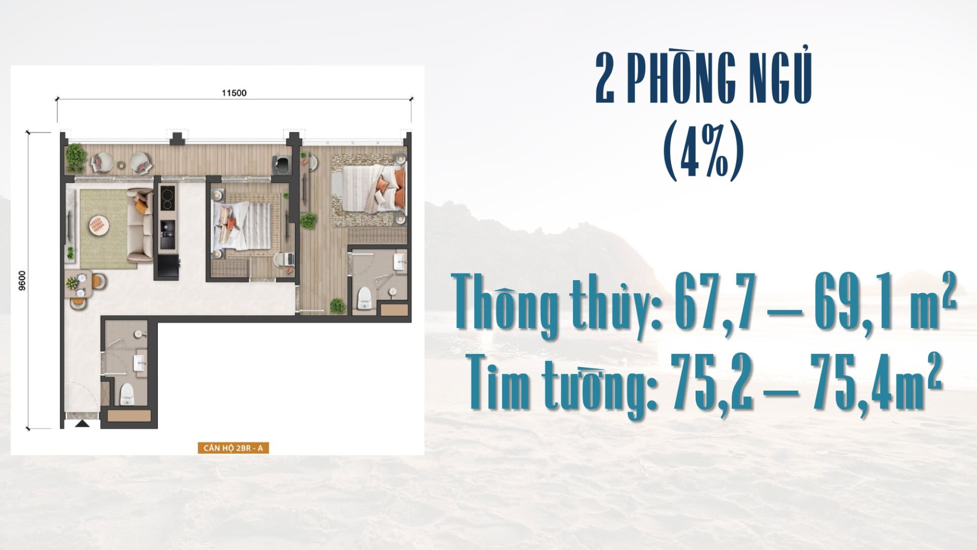 Mặt bằng chi tiết căn hộ 2 phòng ngủ (loại 1) tại tòa B1-B2-B3 Blanca City.