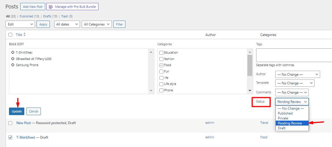select pending review for status field and click update button in WordPress post