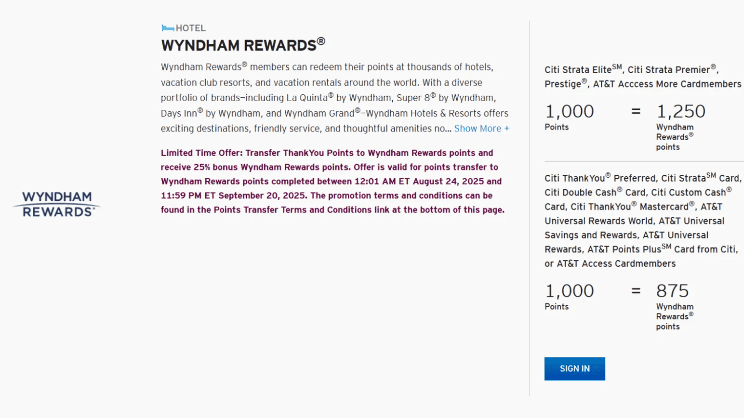 Citi Points Transfer Partners: Best Ways to Redeem 2025 5 25% transfer bonus when transferring Citi points to Wyndham Rewards