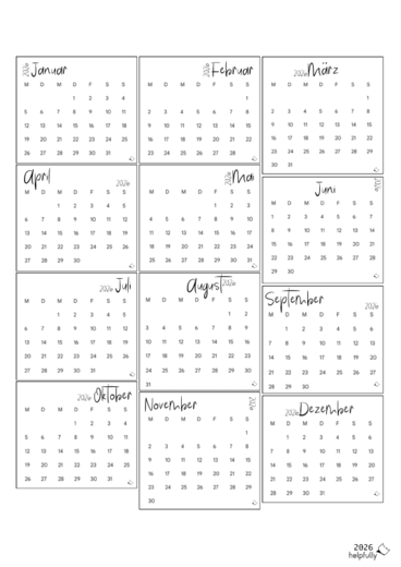 Mini-Kalender 2026 zum Ausdrucken als PDF | helpfully.de