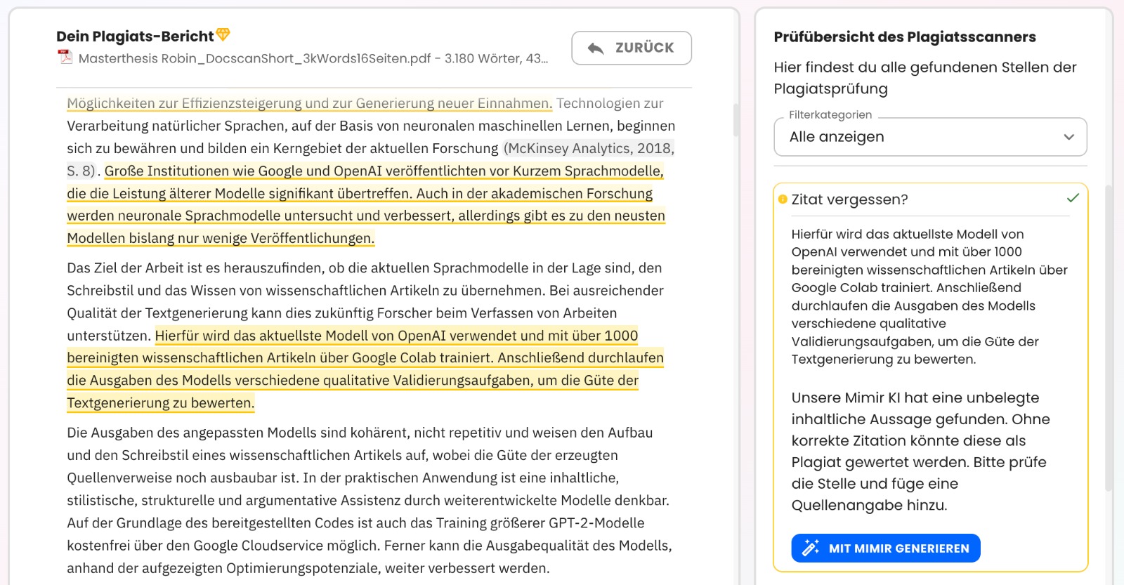 Quellenangabe Vergessen: Ist Das Schon Ein Plagiat? 2 Mimir Mentor markiert mittels KI auch unbelegte Aussagen im Text und schlägt passende Quellen vor