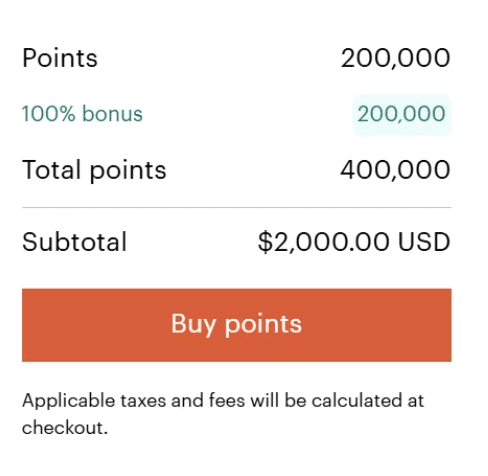 Get a 100% Bonus When You Buy IHG Points 2 Example of buying 400,000 points with a 100% bonus
