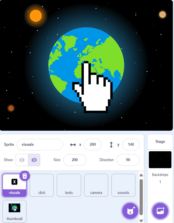 Scratch project stage showing Earth in space with a cursor clicking it, and sprite controls visible below
