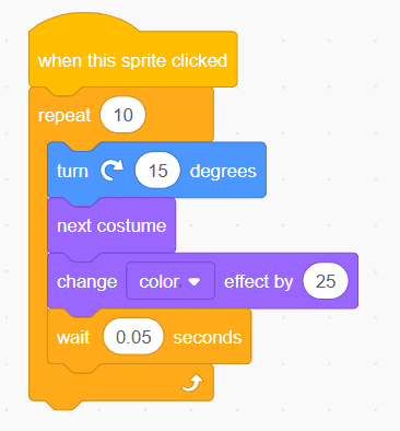 Scratch sprite clicked dance animation — spin, costume cycling, and colour effect combined in one repeat loop
