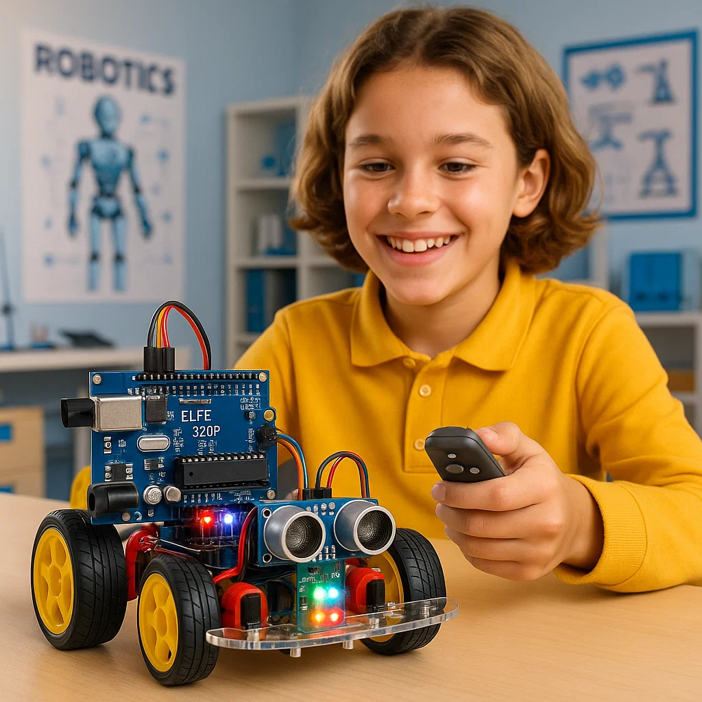 Student building remote controlled robot with microcontroller and sensors on classroom workbench