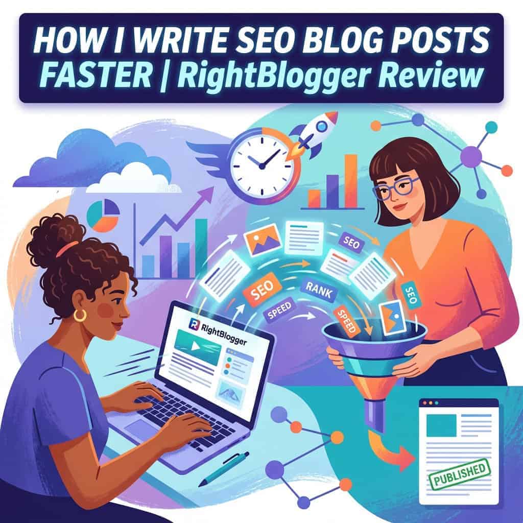 How I Write SEO Blog Posts Faster | RightBlogger Review 1 Women discussing SEO blog writing tools.