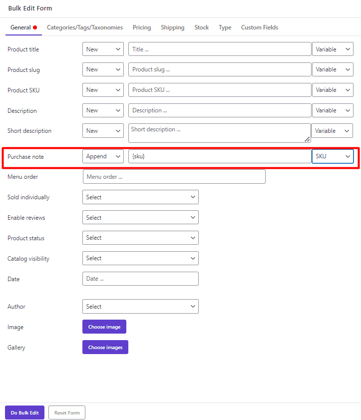 select SKU for purchase note in Bulk Edit form