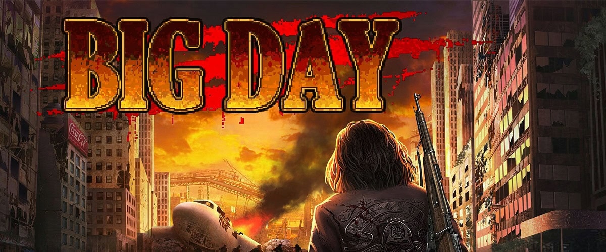 Ciel apocalyptique avec un personnage armé dans une ville en ruines après une catastrophe, illustration de jeu vidéo Big Day.