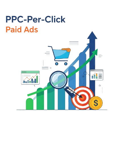 ppc paid ads dublin PPC advertising chart with growth and target icons.