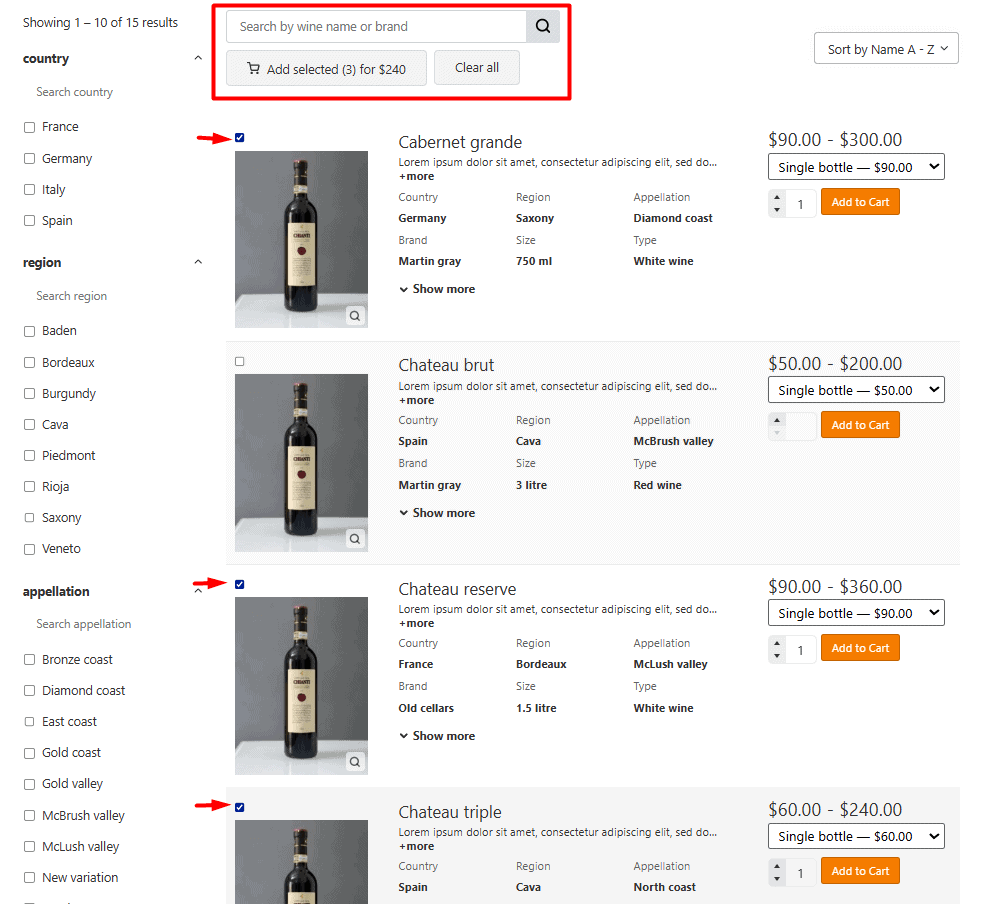 Multi select add to cart