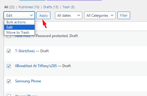 Default WordPress update post status in bulk