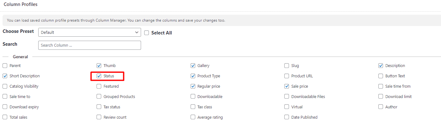 select status field in column profiles