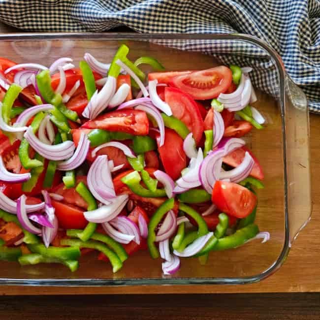Tomatoes, bell peppers, and onions for Fire and Ice Tomatoes