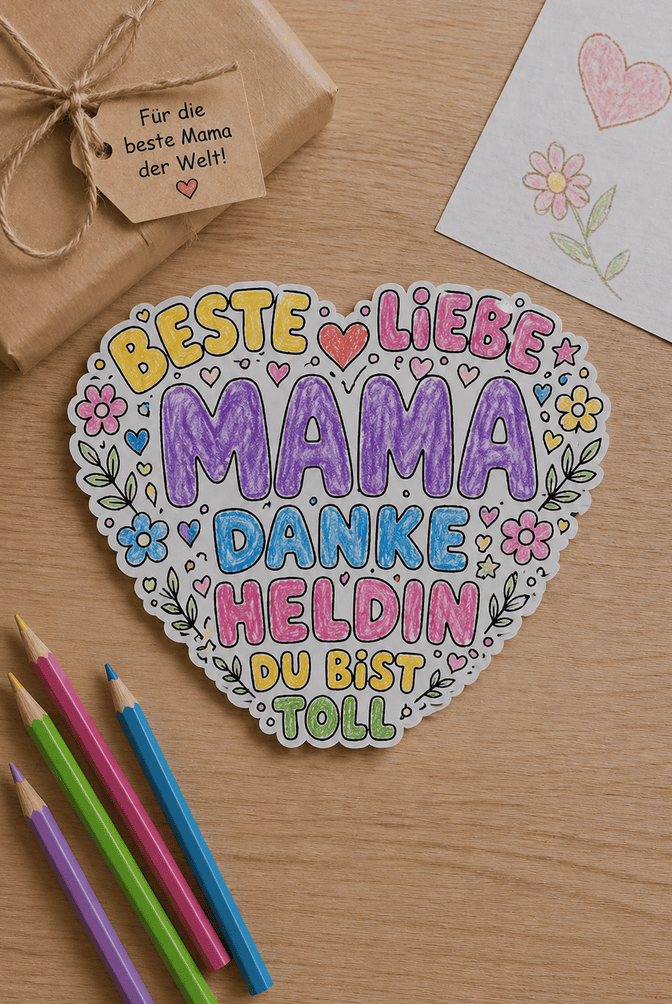 Geschenk für Mamas basteln - mit der Herz-Vorlage zum Ausschneiden und Ausmalen