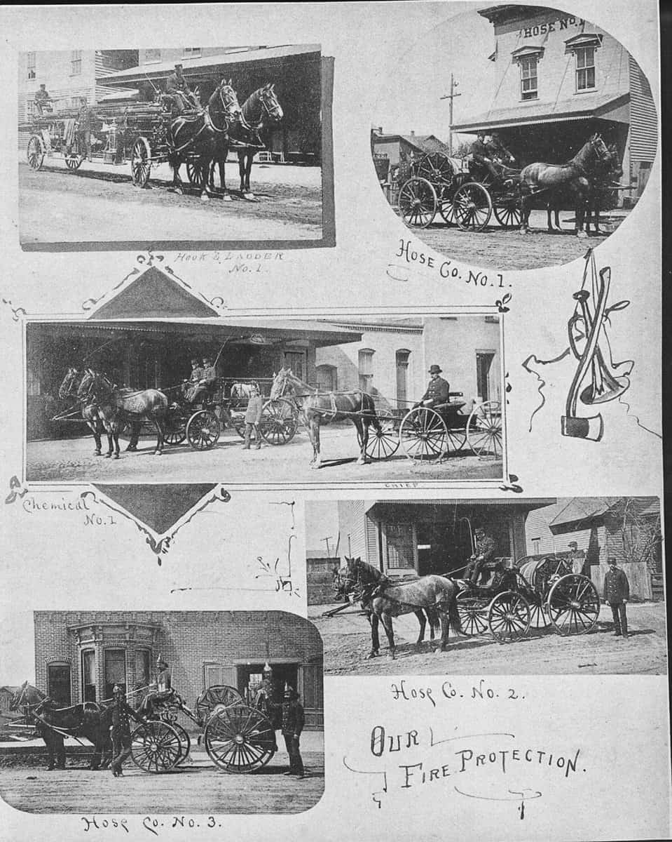 Horse-drawn fire engine from Hose Co. No. 1 displayed at The History Museum, South Bend, Indiana, showcasing vintage firefighting equipment and historical emergency service methods.