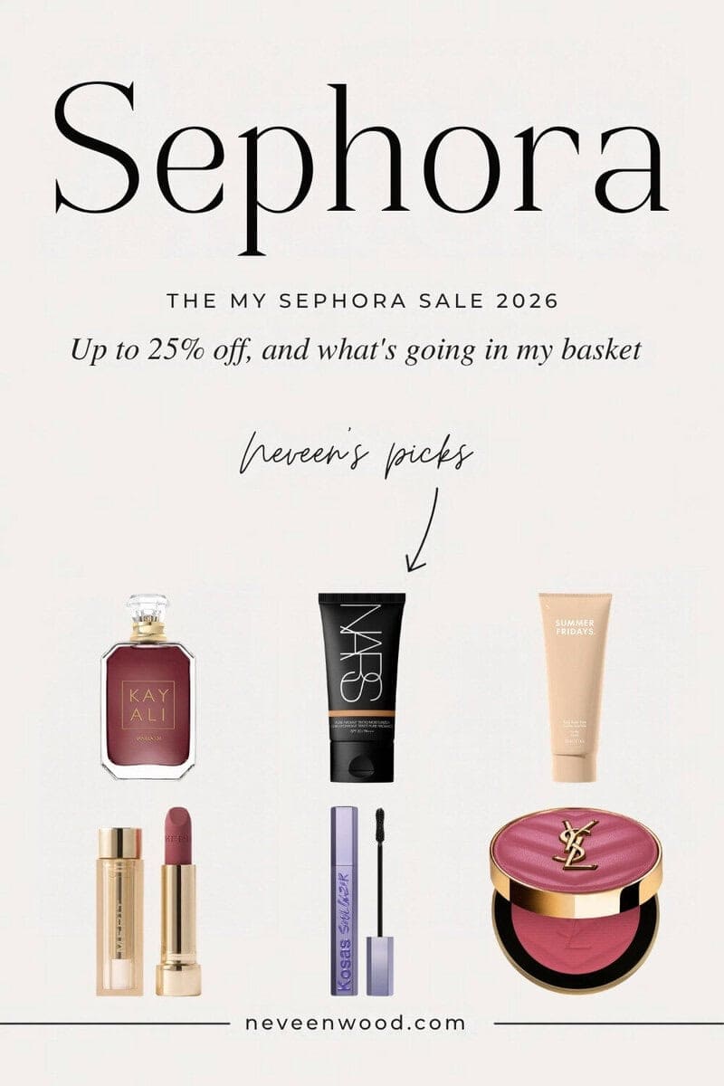 Neveen's My Sephora Sale picks: Kayali Vanilla 28, NARS Pure Radiant Tinted Moisturiser, Summer Fridays body balm, Merit Signature Lip Blush, Kosas Soulgazer mascara and YSL Make Me Blush
