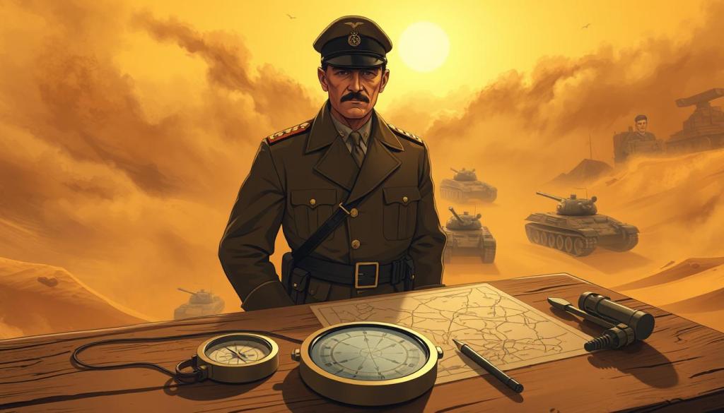 Erwin Rommel, the legendary "Desert Fox", stands amidst a swirling sandstorm, his uniform weathered and his gaze resolute. In the background, tanks and artillery pieces glint under a blazing sun, while in the foreground, a compass and maps lie on a weathered table, symbols of his strategic genius. The scene is bathed in a warm, sepia-toned palette, conveying the timeless, cinematic quality of Rommel's enduring legacy in popular culture. The composition is balanced, with Rommel as the central focus, surrounded by the tools of his trade and the trappings of war. This is a portrait of a military icon, a man whose legend has transcended the boundaries of history and become a captivating part of our collective cultural imagination. Erwin Rommel, the legendary "Desert Fox", stands amidst a swirling sandstorm, his uniform weathered and his gaze resolute. In the background, tanks and artillery pieces glint under a blazing sun, while in the foreground, a compass and maps lie on a weathered table, symbols of his strategic genius. The scene is bathed in a warm, sepia-toned palette, conveying the timeless, cinematic quality of Rommel's enduring legacy in popular culture. The composition is balanced, with Rommel as the central focus, surrounded by the tools of his trade and the trappings of war. This is a portrait of a military icon, a man whose legend has transcended the boundaries of history and become a captivating part of our collective cultural imagination.
