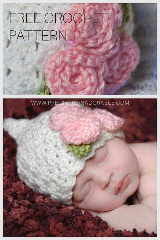 baby wearing white crochet pixie hat with pink roses