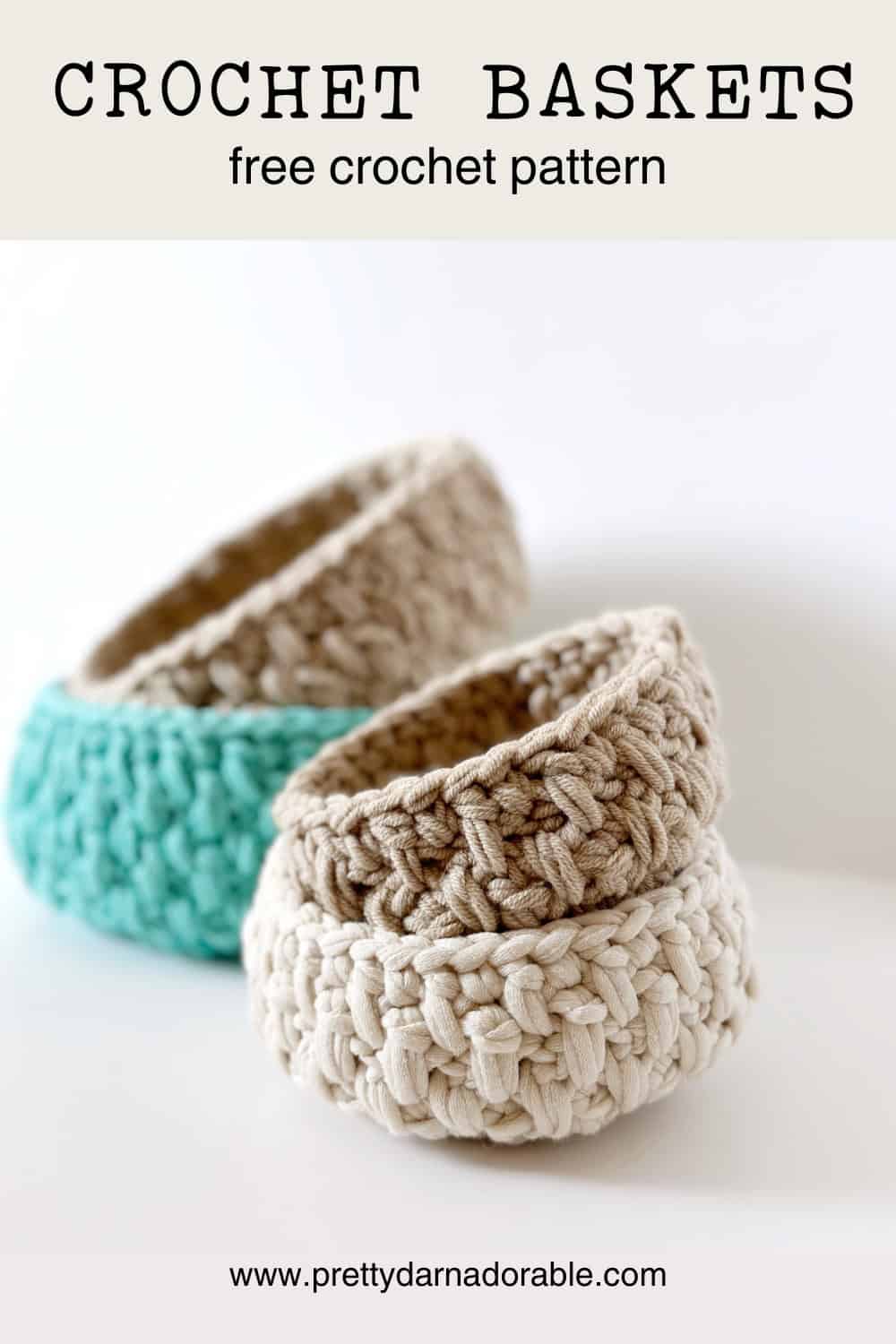 4 round crochet nesting baskets stacked inside each other - free crochet basket pattern